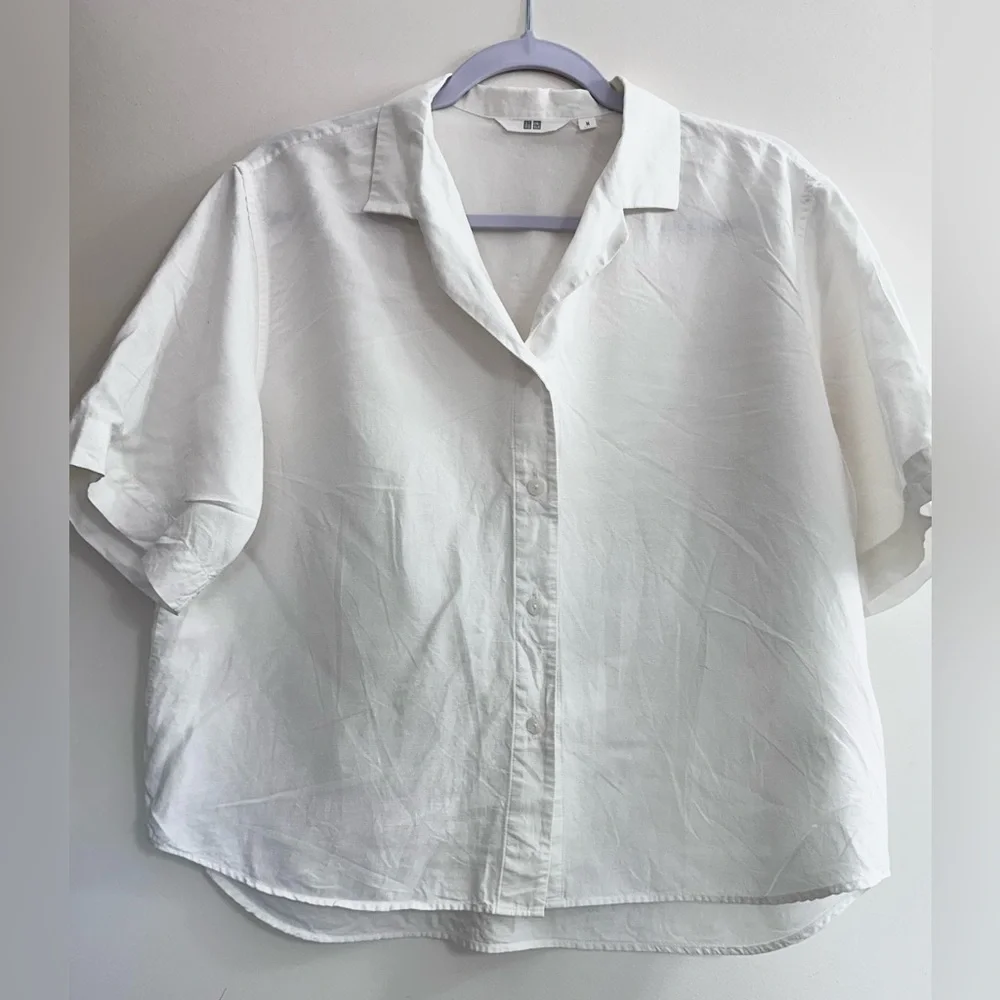 Uniqlo White Linen Blend Open Collar Shirt M | Lightweight Button Up Top - Picture 2 of 3
